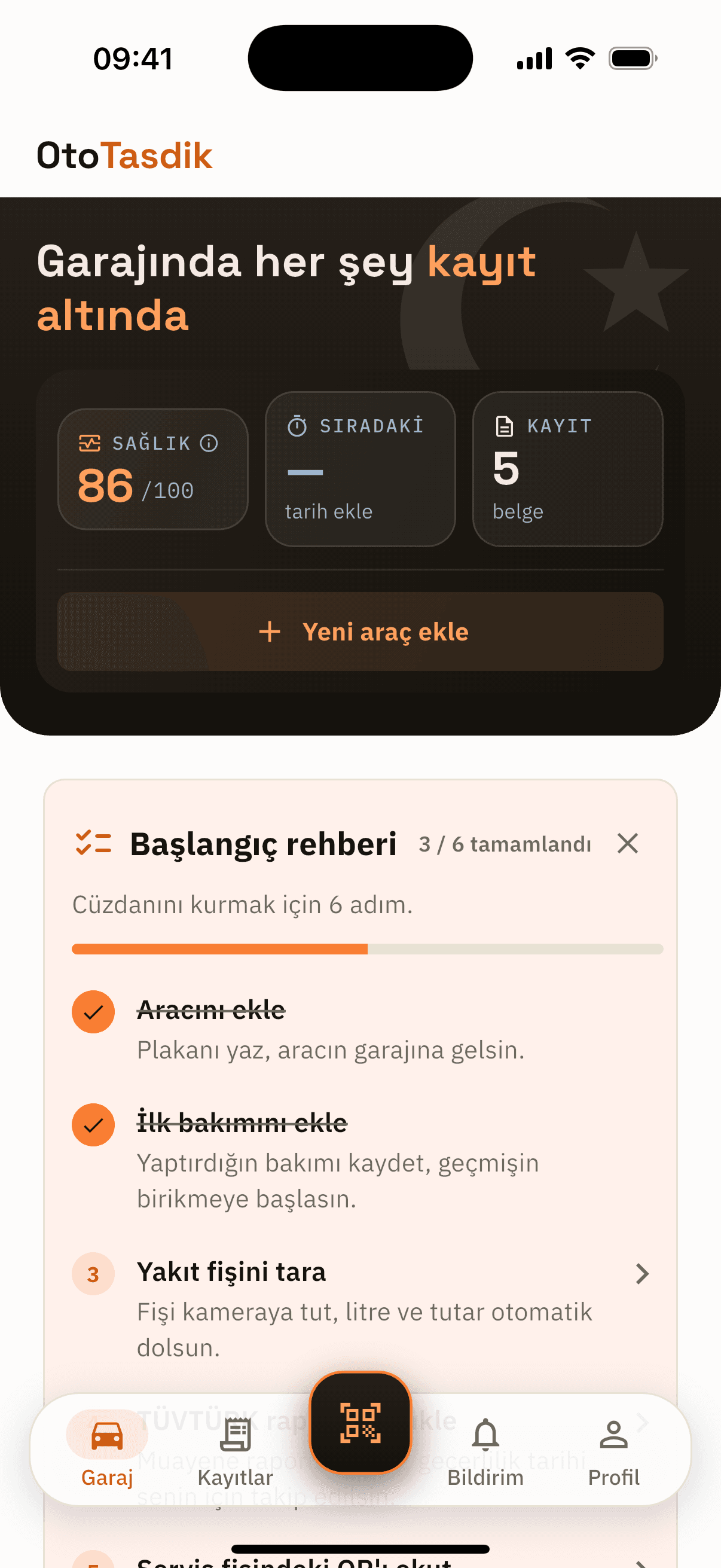 OtoTasdik garaj ekranı — sağlık puanı, sıradaki bakım ve kayıt sayısı bir arada.