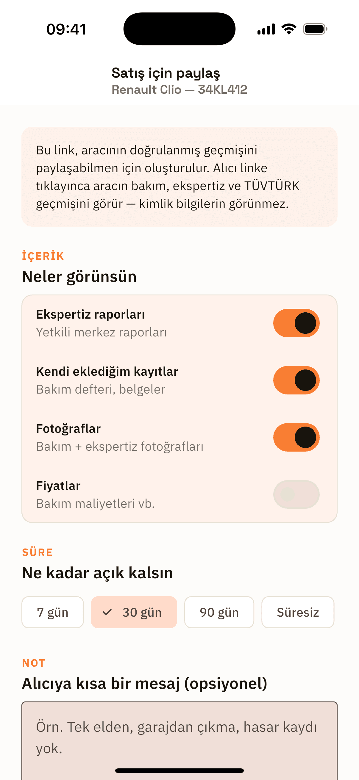 OtoTasdik satış paylaşımı formu — alıcıya neyin görüneceğini belirleyen anahtarlar.