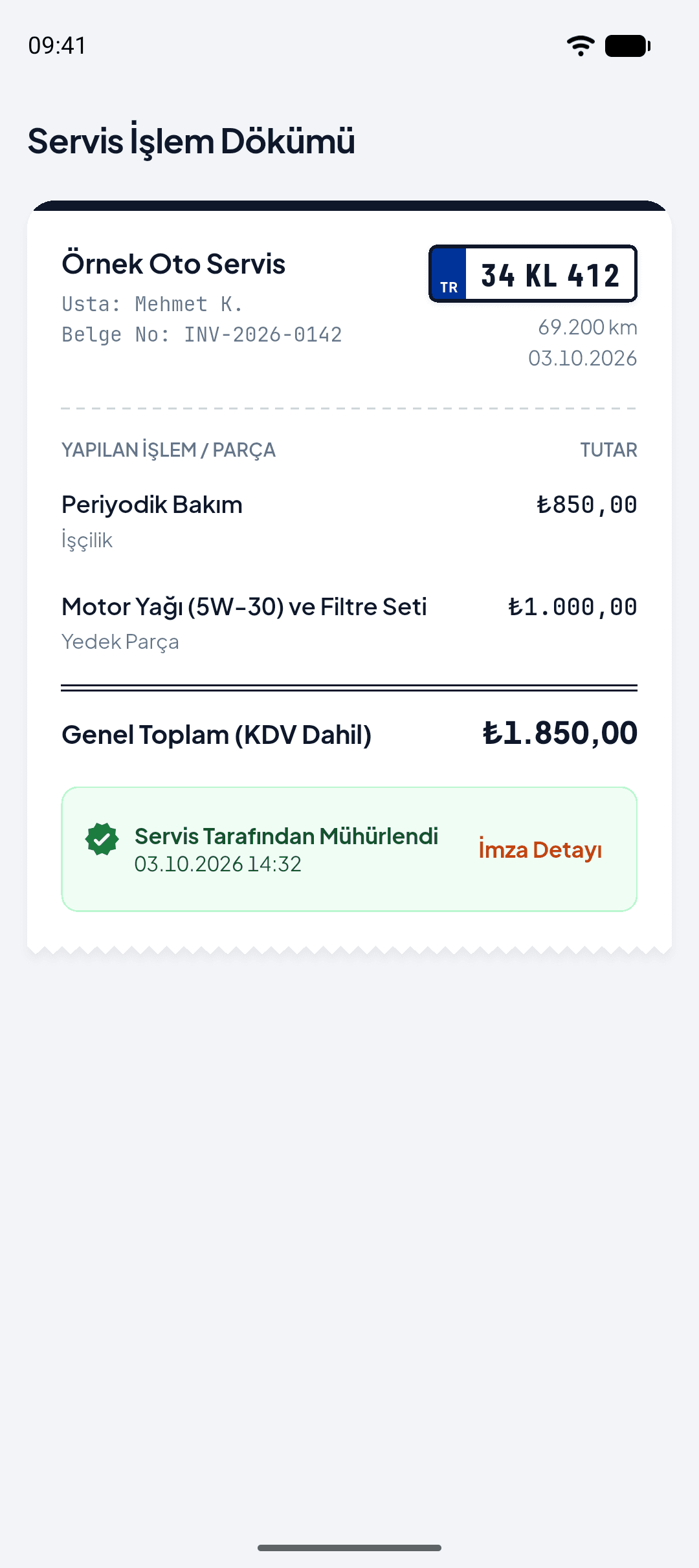 OtoTasdik'te Servis İşlem Dökümü: servis adı, usta ve belge numarası, yapılan işlemler ve tutarları, KDV dahil genel toplam ve servisin mührü.